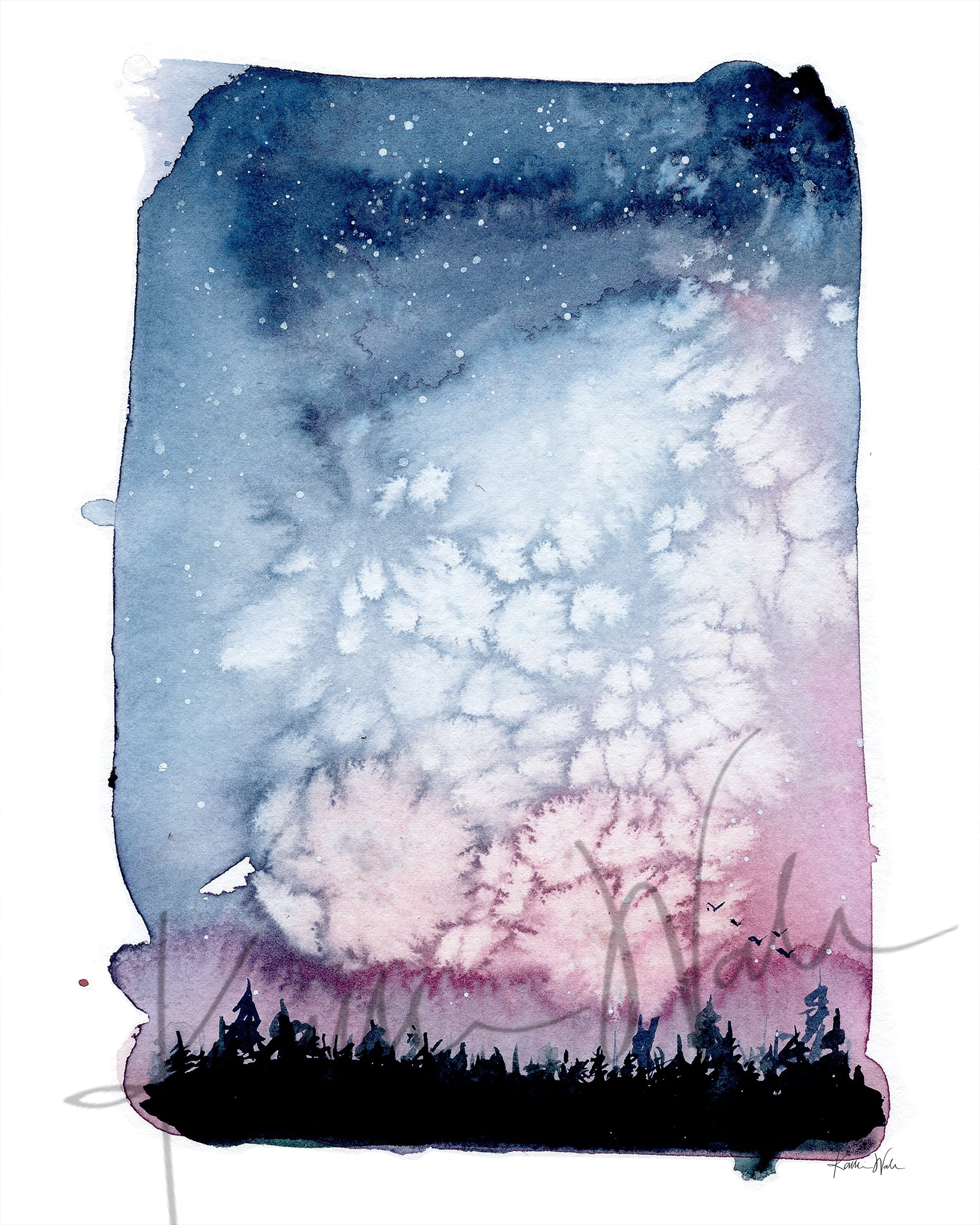Unframed watercolor painting of a beautiful night sky with silhouetted trees.