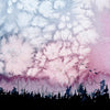 Zoomed in view of a watercolor painting of a beautiful night sky with silhouetted trees.