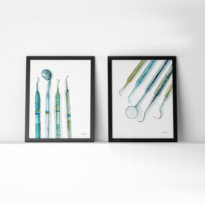 Framed watercolor print set of a set of dental hygienist tools.