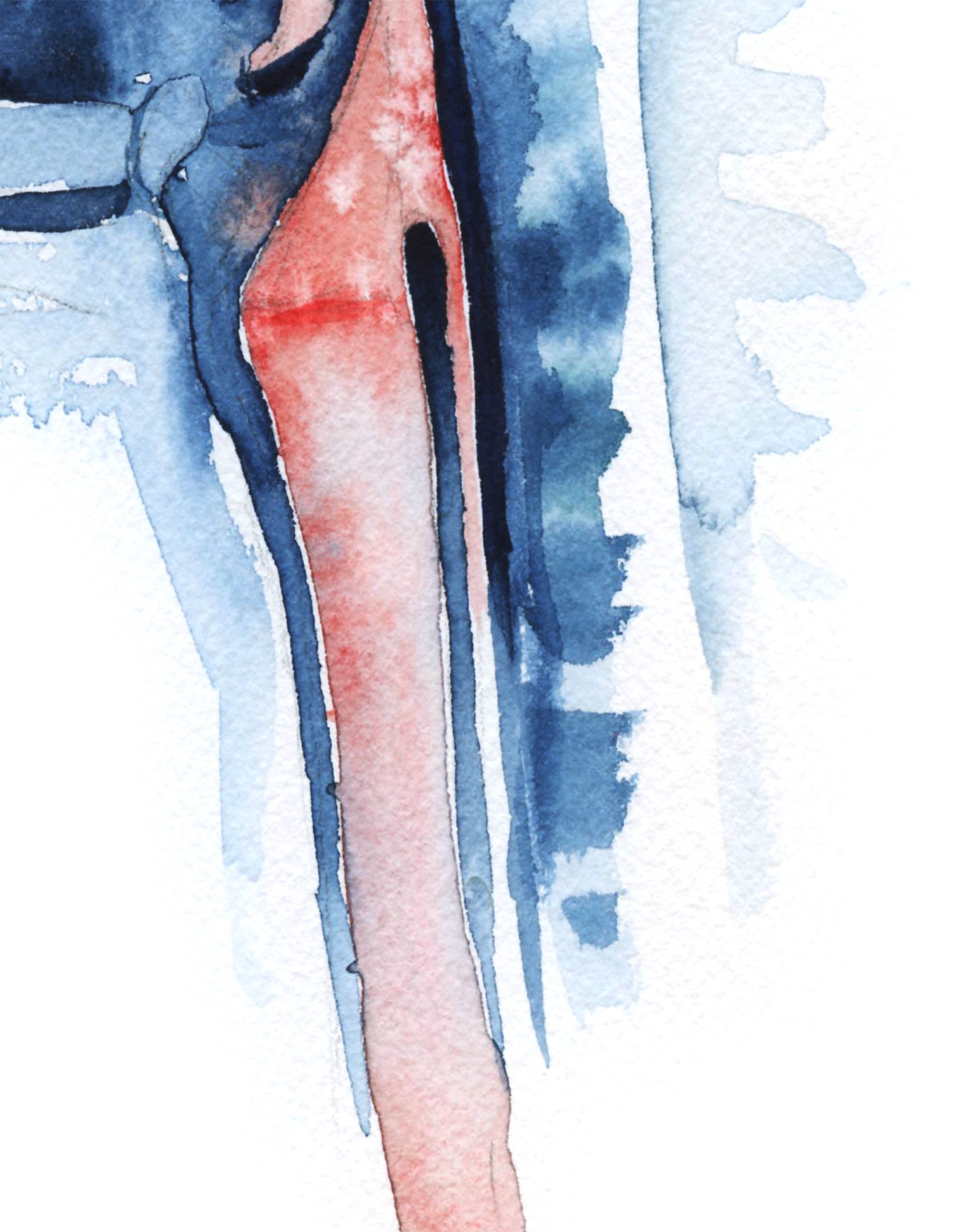Zoomed in view of a watercolor painting showing a swallowing mechanism with mouth, throat and tongue in prints and blues.