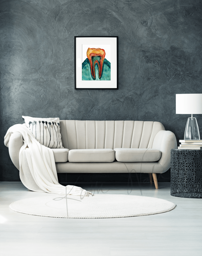 Framed Molar Cross Section Print In Teal Watercolorin a dentist office