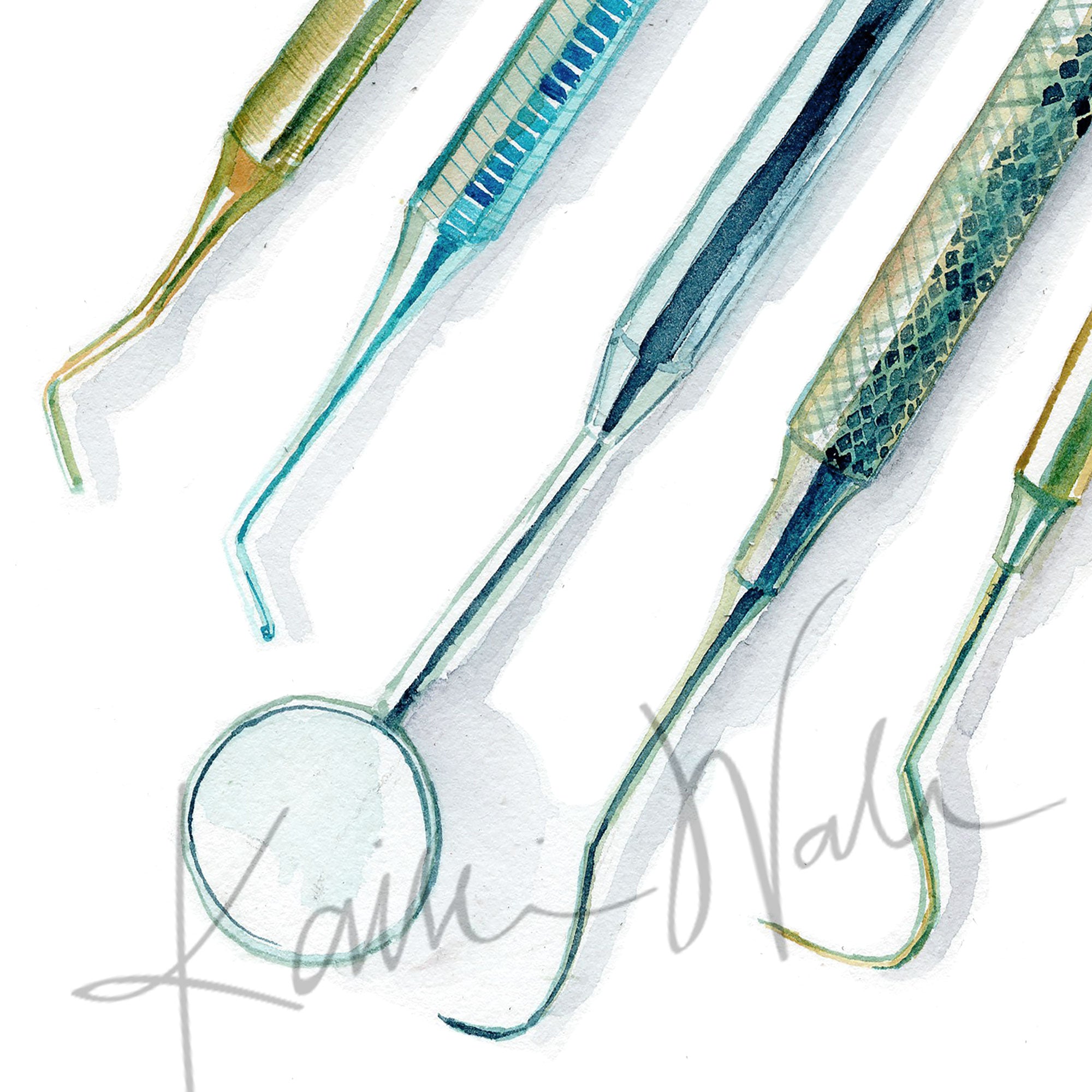 Zoomed in view of a watercolor print of dental hygienist tools.