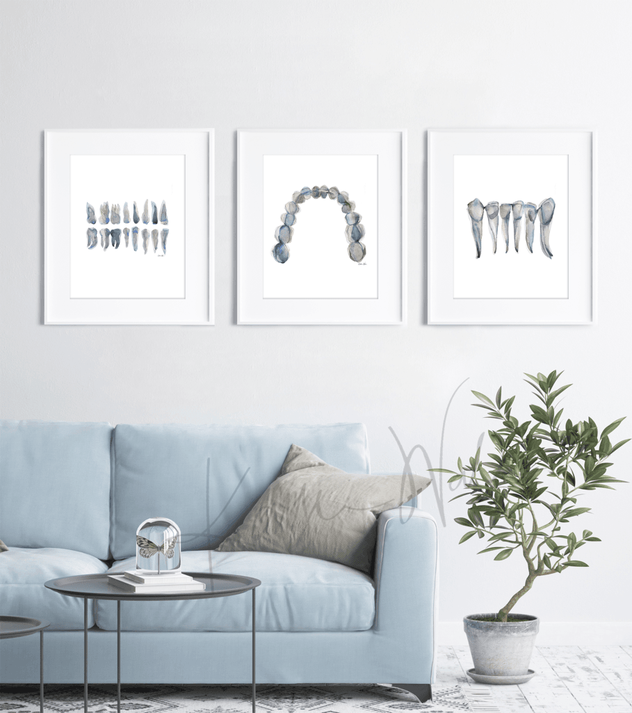 Blue Gray Dental Print Set Watercolor