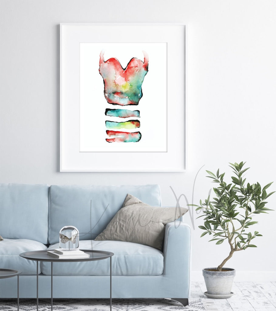Trachea In Teal Green And Red Print Watercolor