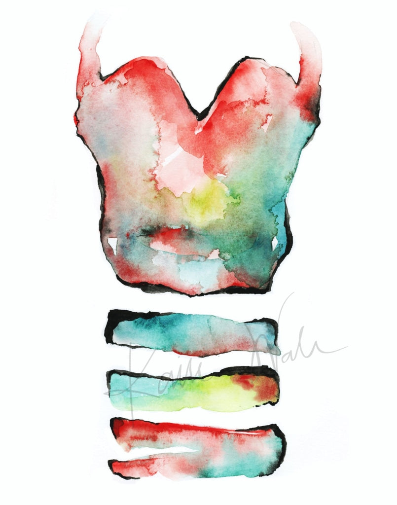 Trachea In Teal Green And Red Print Watercolor