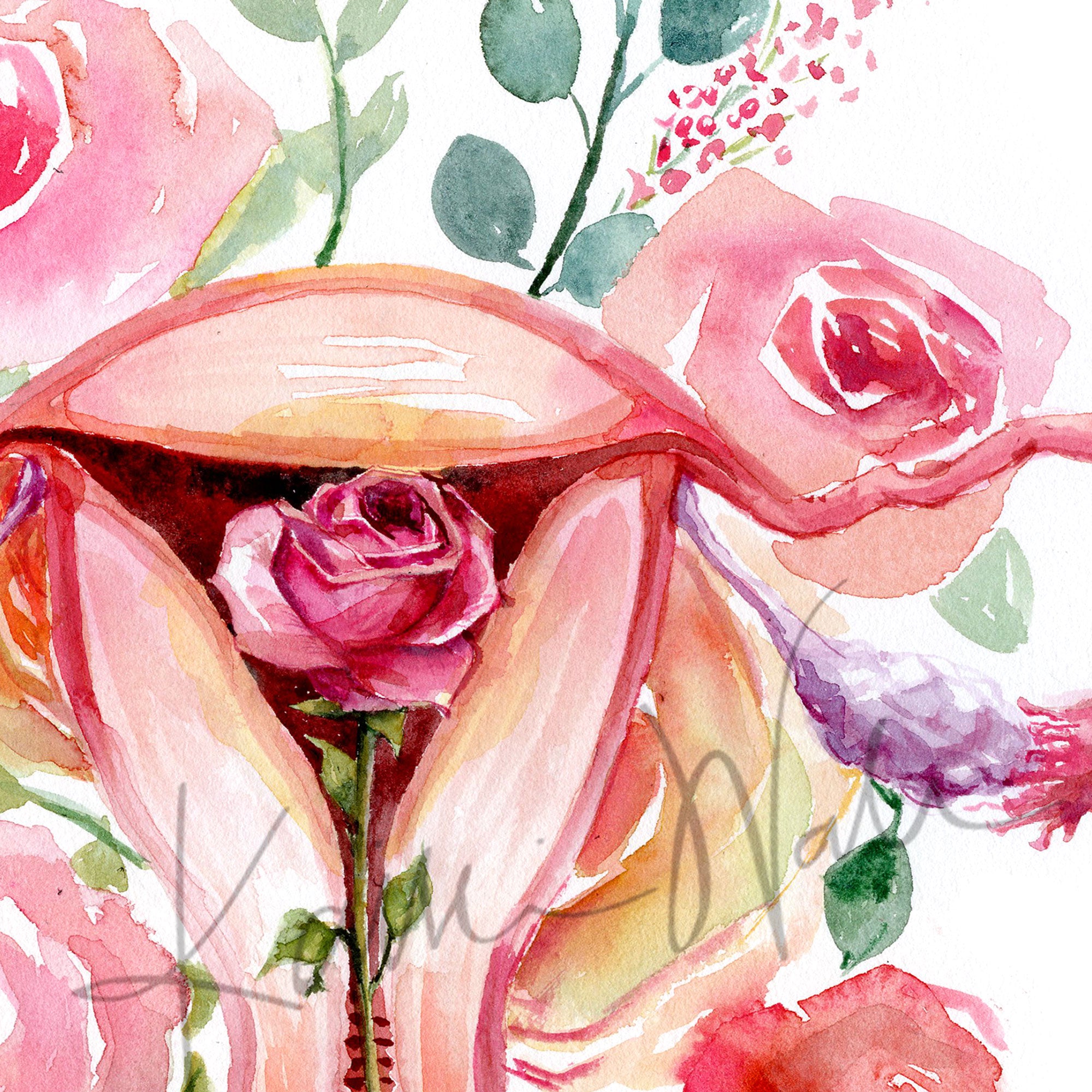 Zoomed in view of a watercolor painting of a uterus with flowers around.