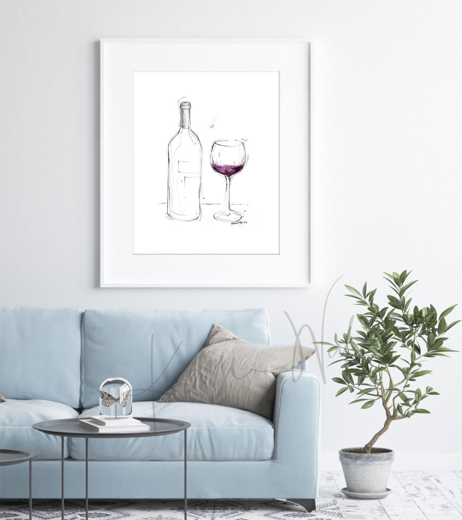 Wine & Glass Outline Watercolor Print