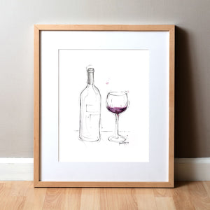 Wine & Glass Outline Watercolor Print