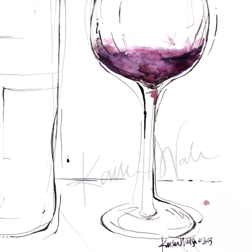 Wine & Glass Outline Watercolor Print