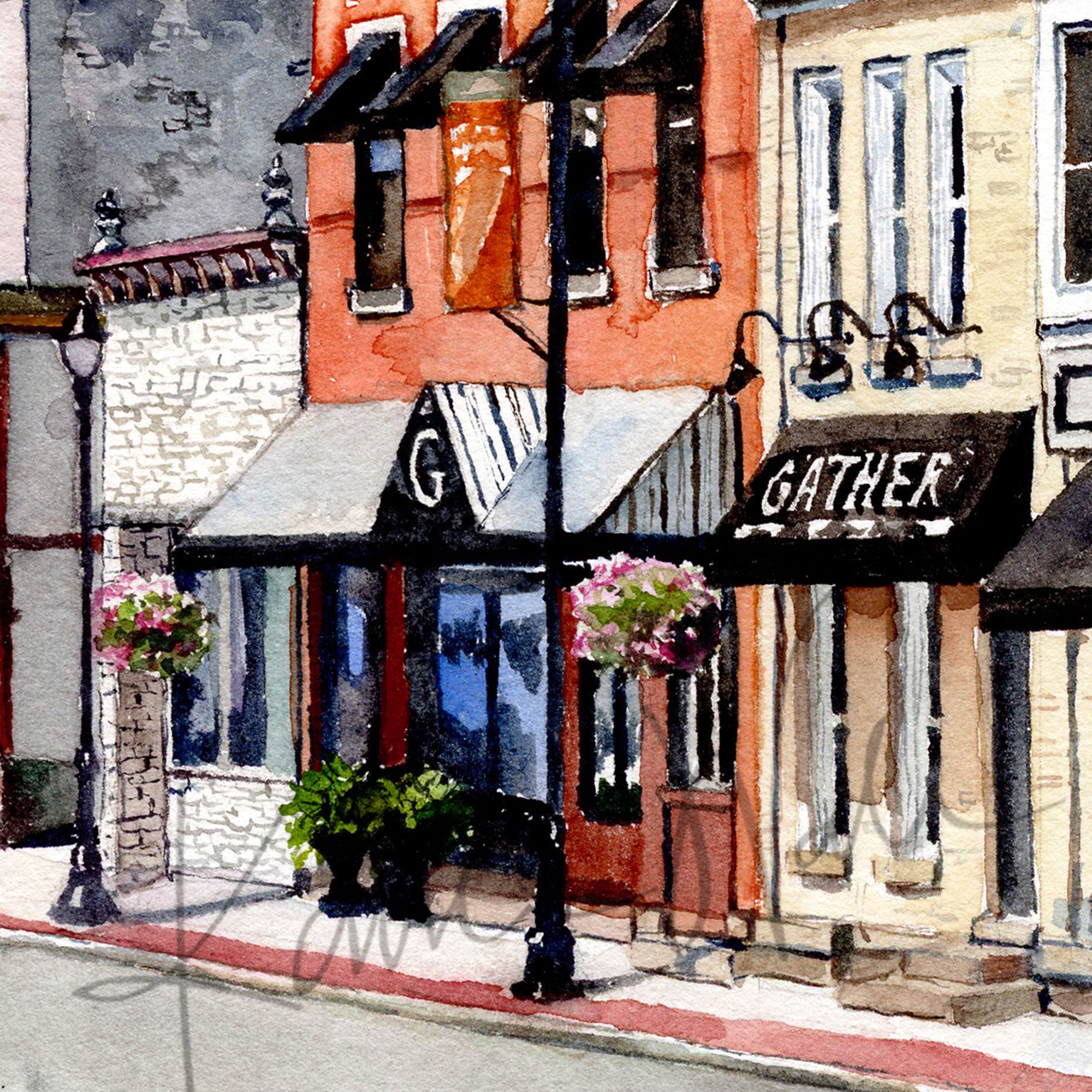 Zoomed in view of a watercolor painting of buildings on Main Street in Waunakee, Wisconsin.