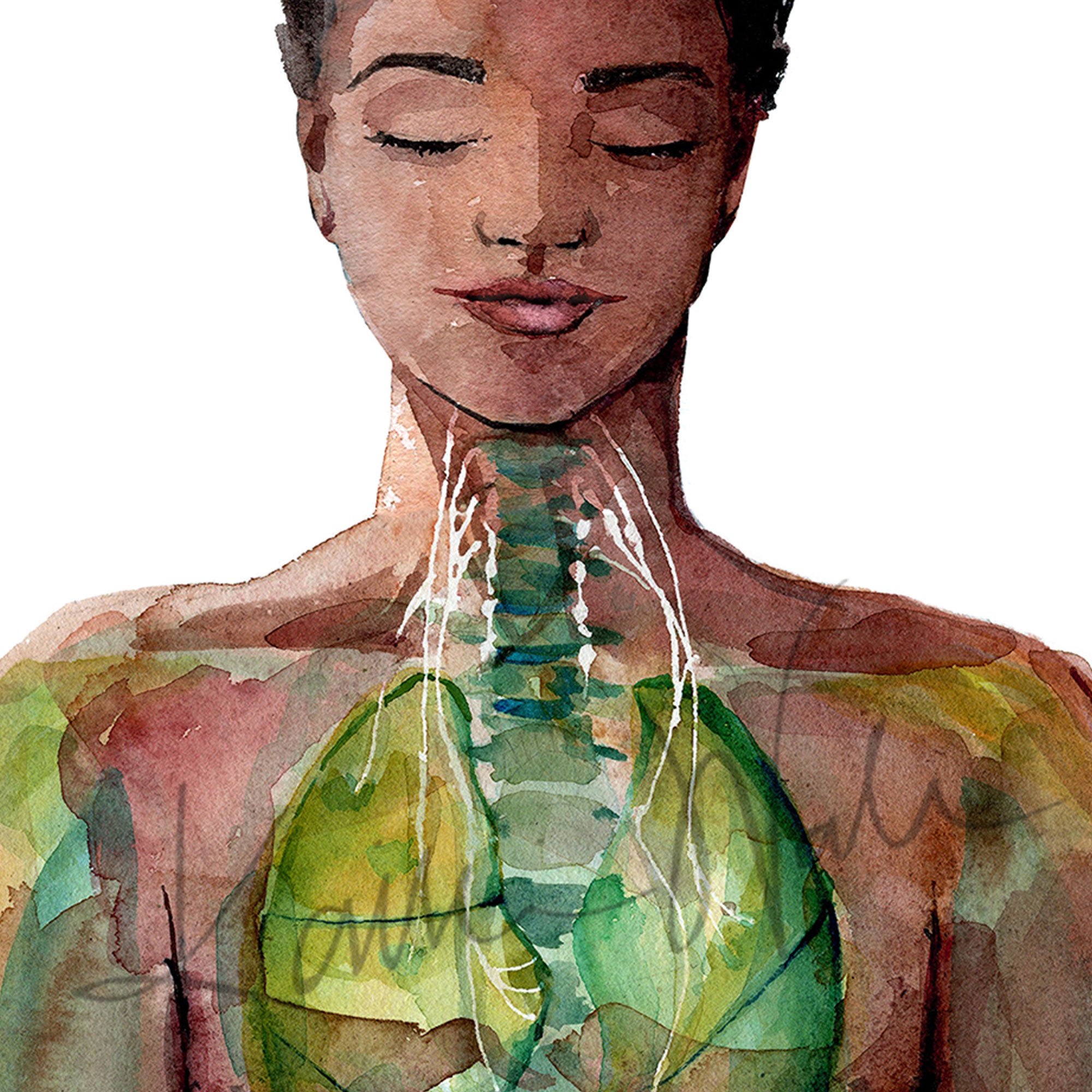 Zoomed in view of a watercolor painting of a painting of a woman of color in a peaceful yoga pose.