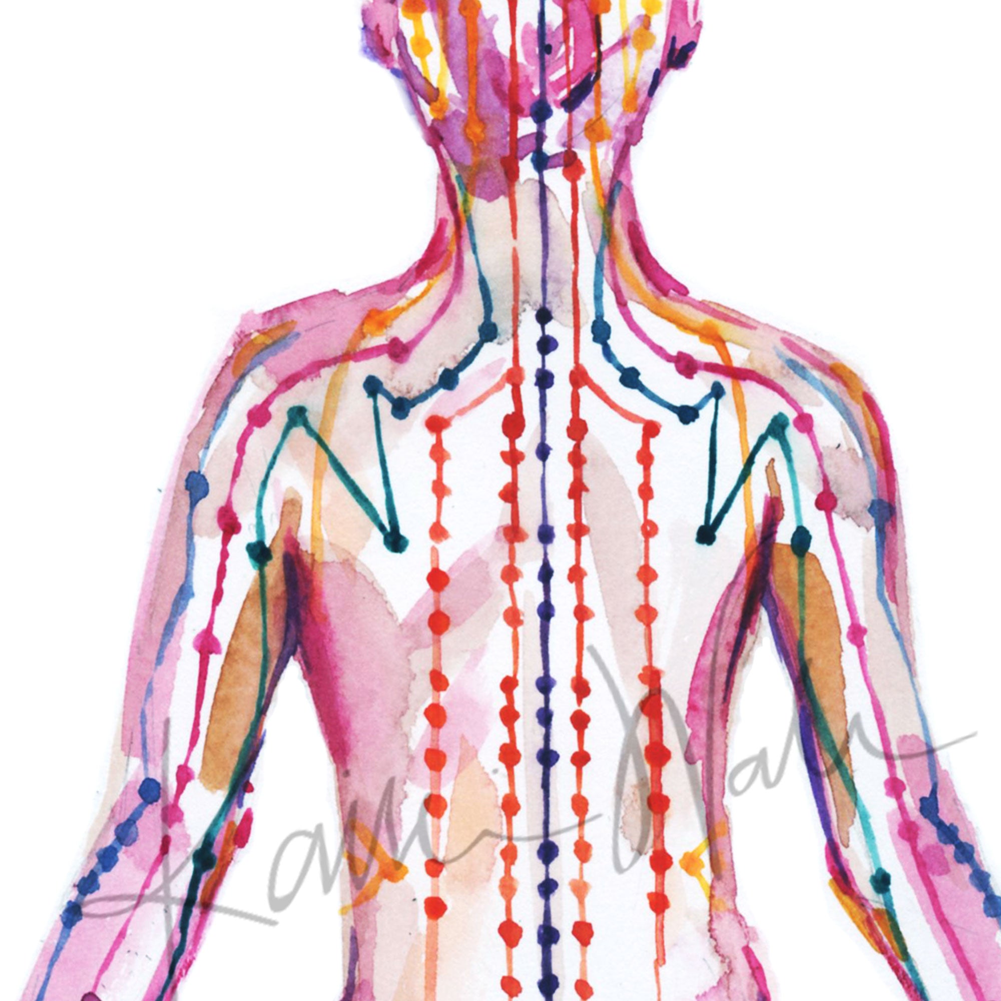 Zoomed in view of a watercolor painting of a person sitting in a meditative pose with meridian paths showing.