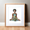 Framed watercolor painting of a black woman in a seated yoga pose with her eyes closed.