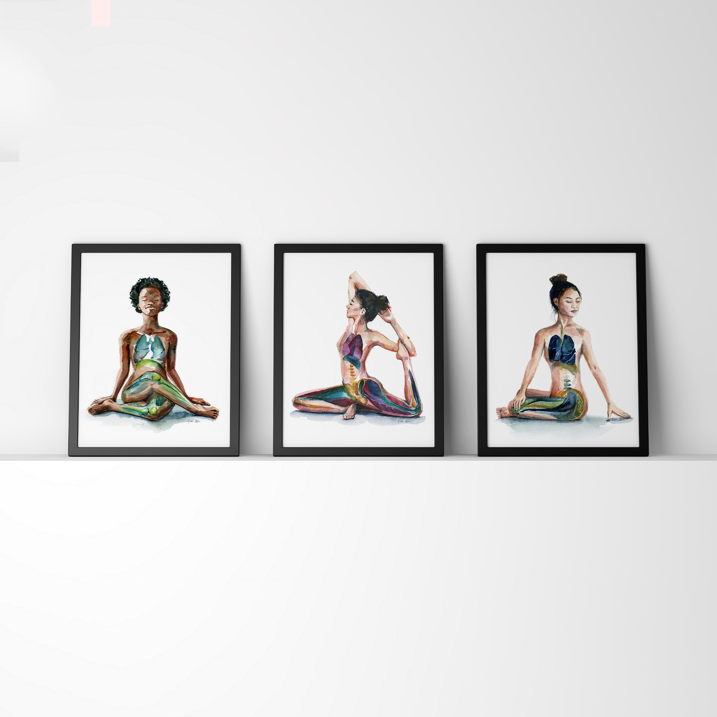 Framed watercolor painting set of 3 seated yoga poses