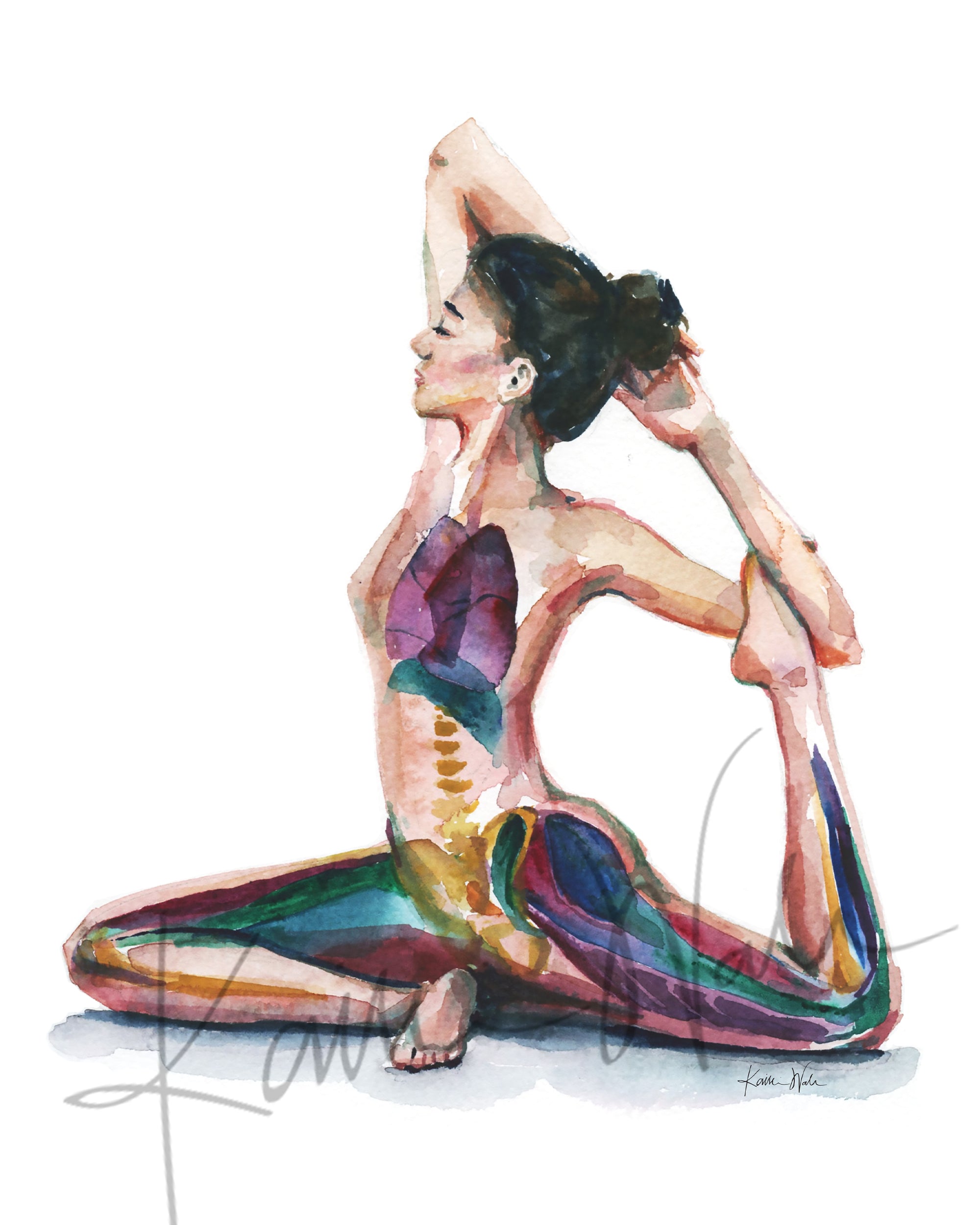 Unframed watercolor painting of a woman with her eyes closed in a seated yoga position stretching her leg behind her.