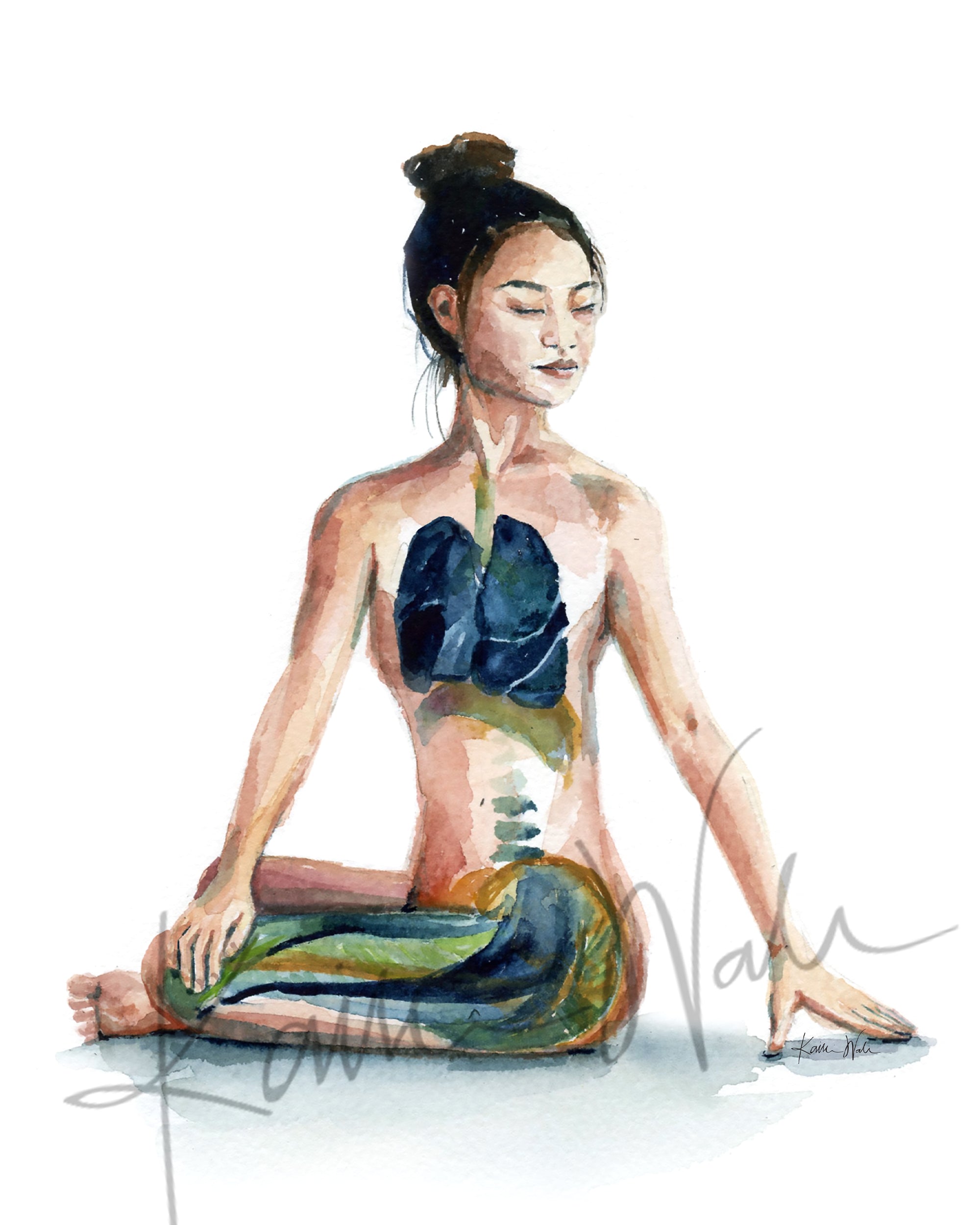 Unframed watercolor painting of a woman with her eyes closed in a seated yoga pose.