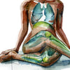 Zoomed in view of a watercolor painting of a black woman in a seated yoga pose with her eyes closed.
