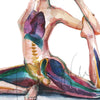 Zoomed in view of a watercolor painting of a woman with her eyes closed in a seated yoga position stretching her leg behind her.