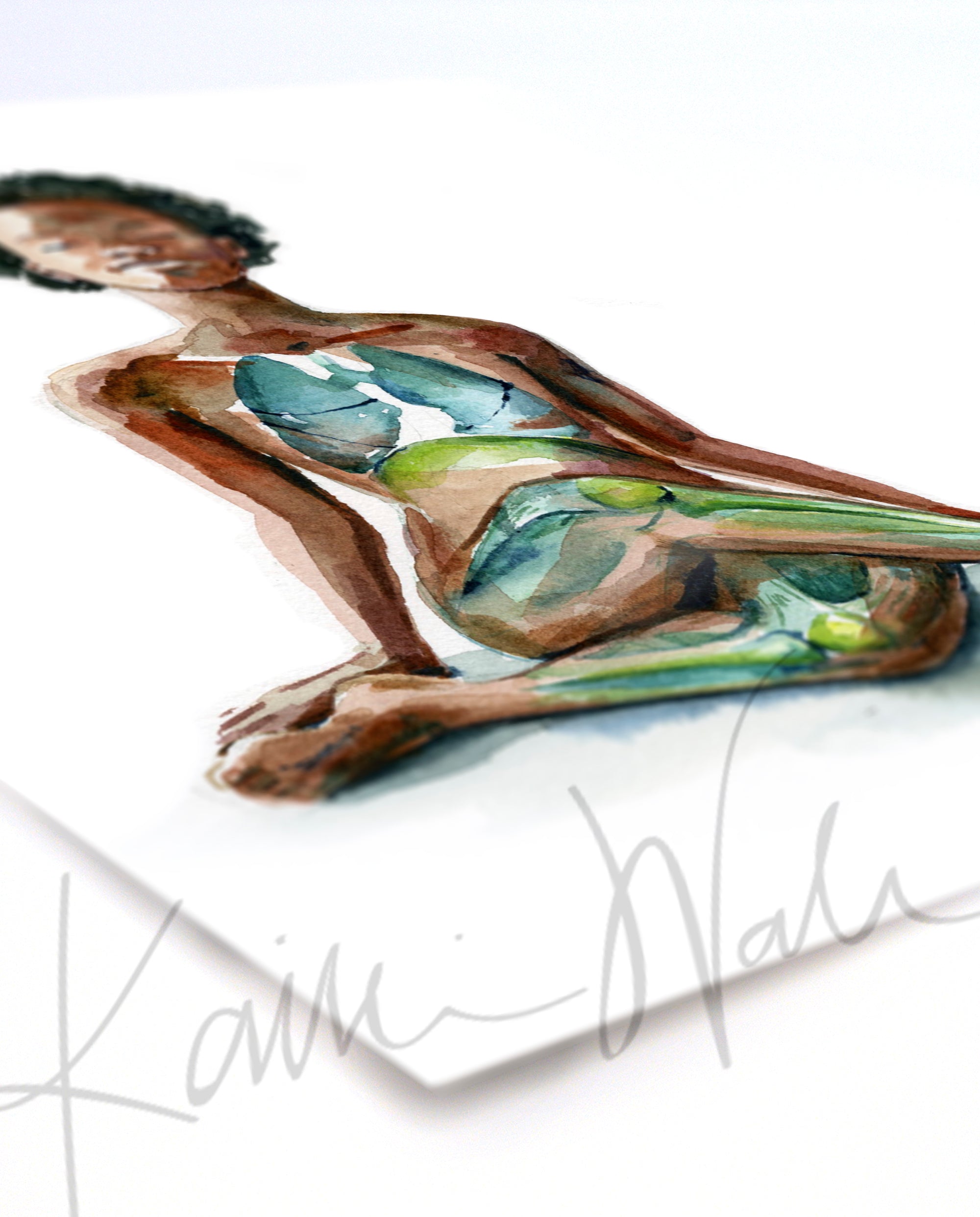 Unframed watercolor painting at an angle of a black woman in a seated yoga pose with her eyes closed.