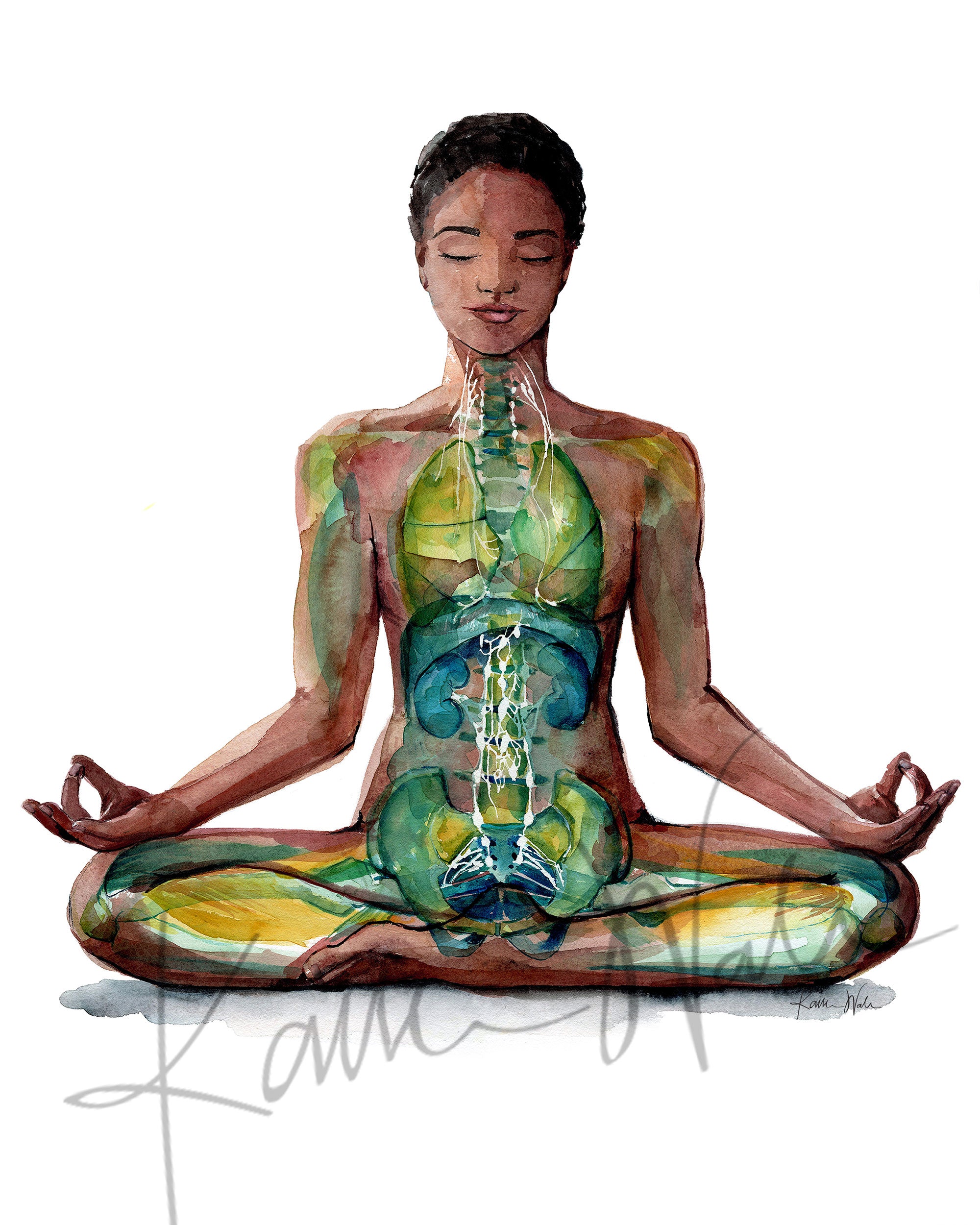 Unframed watercolor painting of a painting of a woman of color in a peaceful yoga pose.