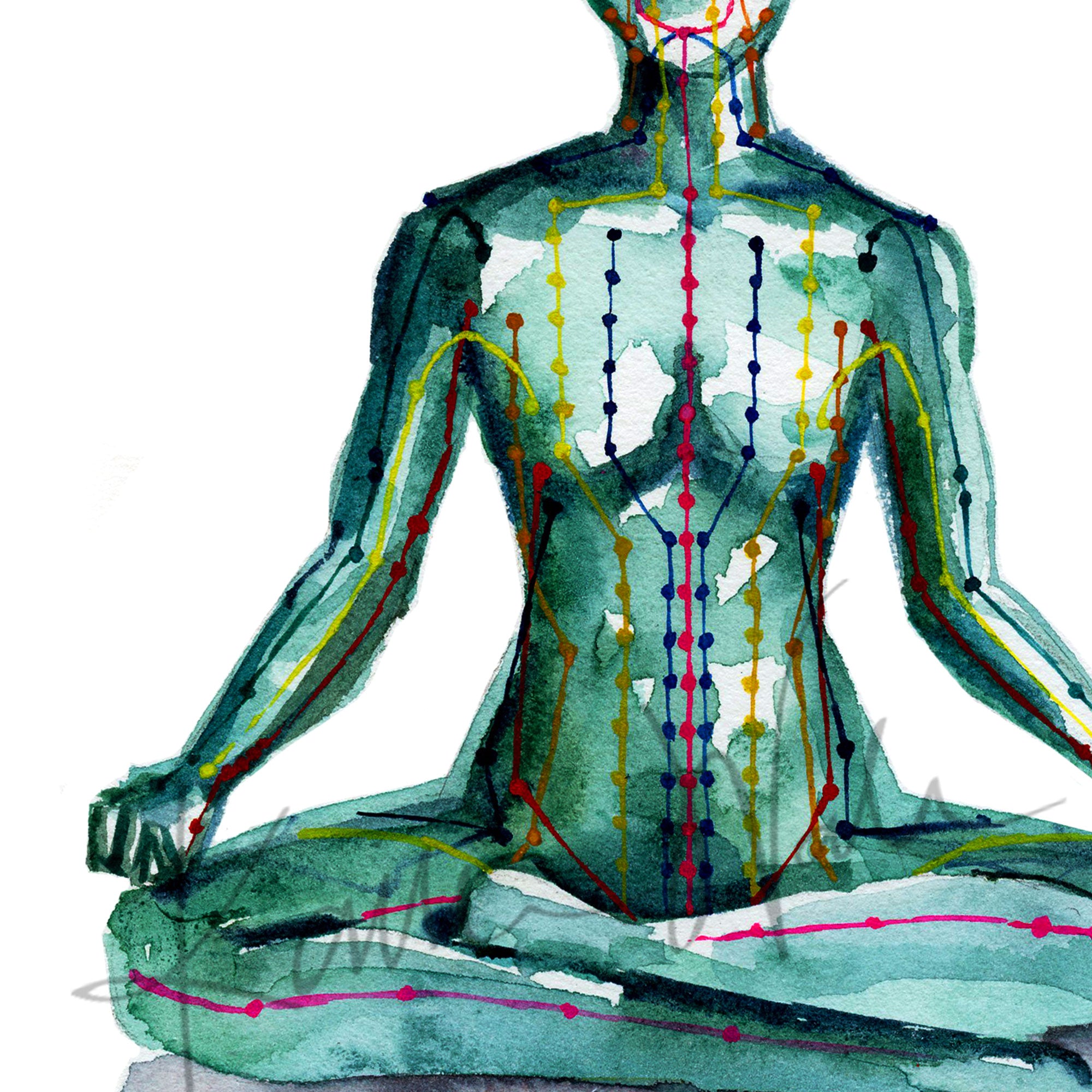 Zoomed in view of a watercolor painting of a person sitting in a meditative pose with meridian paths showing.